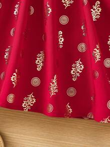 SHEIN 小女童植物圖案拼接水溶蕾絲繫腰帶連衣裙