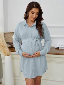 Maternity Drop Shoulder Belted Shirt Dress - Baby Blue - View 4