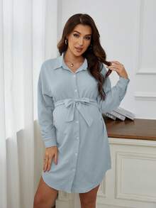 Maternity Drop Shoulder Belted Shirt Dress - Baby Blue - View 6