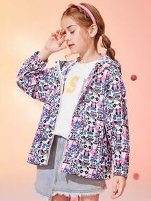 女大童字母和卡通圖案連帽外套 - 彩色 - 查看 1