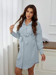 Maternity Drop Shoulder Belted Shirt Dress - Baby Blue - View 7