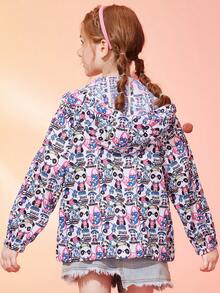 女大童字母和卡通圖案連帽外套 - 彩色 - 查看 2