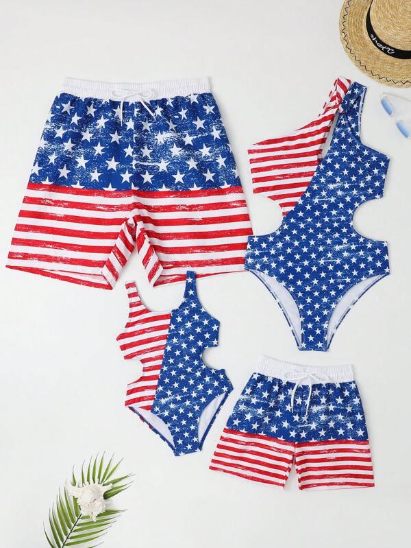 Americana Print Cut Out One Shoulder One Piece Swimsuit SHEIN USA