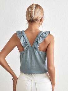 SHEIN Frenchy Solid Ruffle Trim Top Summer Casual Blue - Baby Blue - View 2