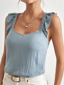 SHEIN Frenchy Solid Ruffle Trim Top Summer Casual Blue - Baby Blue - View 5