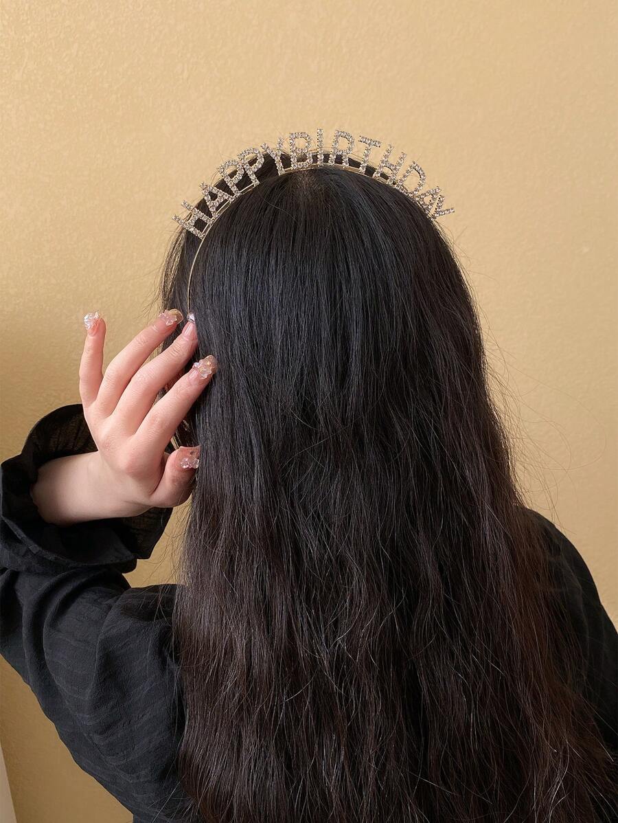 派對1入組鑲嵌水鑽英文字母生日快樂&皇冠公主髮帶，適用於生日、婚禮、派對