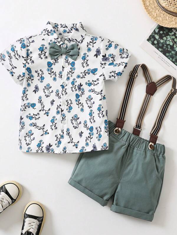 Babyjongen Bloemenprint Strik aan de achterkant Shirt & Short Shorts