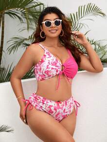 SHEIN Swim Curve Plus Size Bộ bikini dây rút in đá cẩm thạch đi biển mùa hè - Hồng - Xem 3