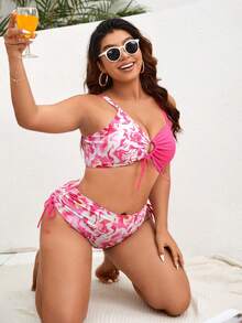 SHEIN Swim Curve Plus Size Bộ bikini dây rút in đá cẩm thạch đi biển mùa hè - Hồng - Xem 4