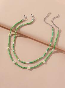 2 件套波西米亚风格串珠和珍珠花项链套装，手工制作的女士可爱珠宝配饰，适合节日和日常佩戴 - 綠色 - 查看 1