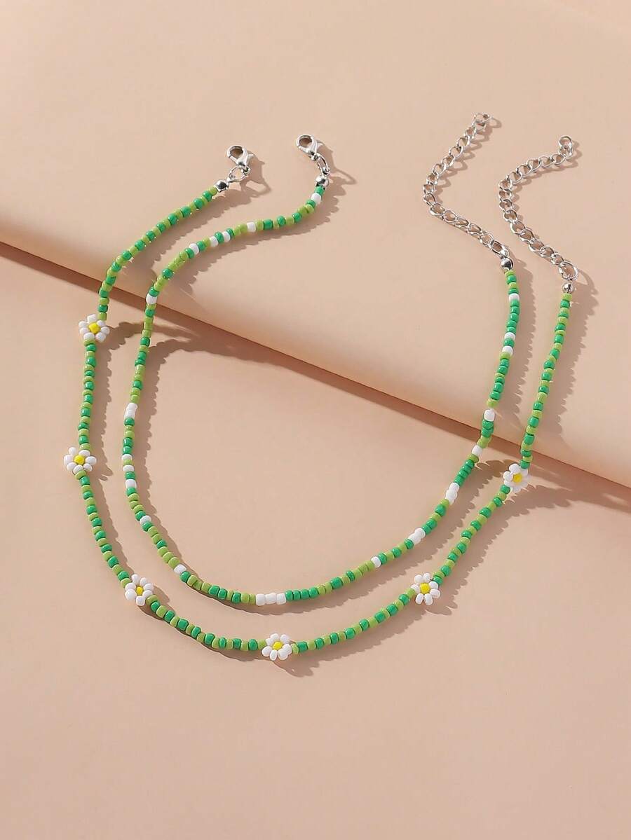 2 件套波西米亚风格串珠和珍珠花项链套装，手工制作的女士可爱珠宝配饰，适合节日和日常佩戴 - 綠色 - 查看 1