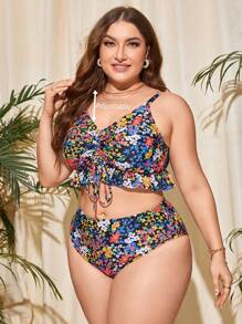 SHEIN Swim Curve Plus Size Ditsy Floral Print Drawstring Ruffle Hem Bikini Set Summer Beach