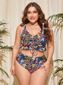 SHEIN Swim Curve Plus Size Ditsy Floral Print Drawstring Ruffle Hem Bikini Set Summer Beach