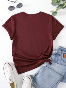 SHEIN LUNE Moon And Floral Print Tee - Burgundy - View 2