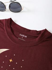 SHEIN LUNE Moon And Floral Print Tee - Burgundy - View 3