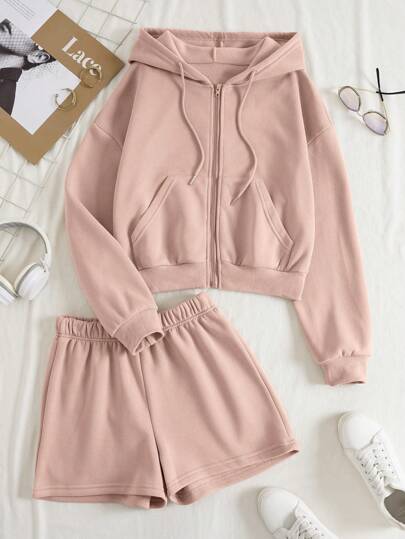 INAWLY 拉鏈開襟落肩袖抽繩加絨內裏連帽衫和短褲