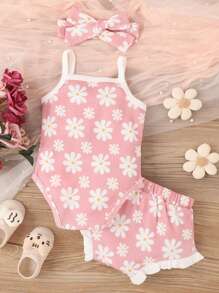 3件套婴儿可爱雏菊印花滚边连体衣、荷叶边短裤和发带套装，透气夏季款 - 粉色 - 查看 2