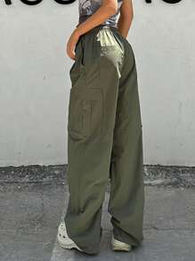 DAZY Pantalones De Carga Sólidos Con Cintura De Cordón - Verde militar - Ver 1