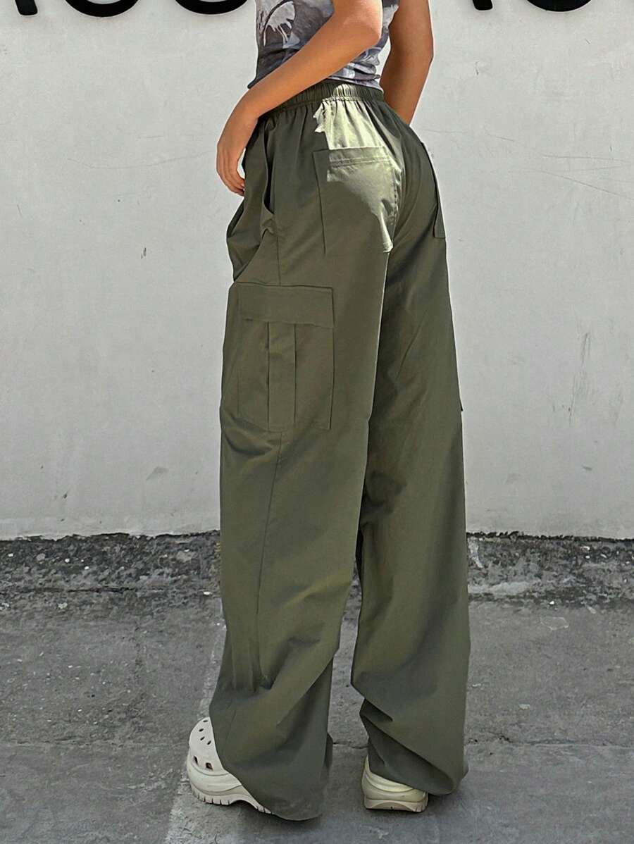 DAZY Pantalones De Carga Sólidos Con Cintura De Cordón - Verde militar - Ver 1