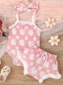 3件套婴儿可爱雏菊印花滚边连体衣、荷叶边短裤和发带套装，透气夏季款 - 粉色 - 查看 4