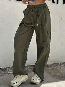 DAZY Pantalones De Carga Sólidos Con Cintura De Cordón - Verde militar - Ver 3