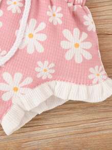 3件套婴儿可爱雏菊印花滚边连体衣、荷叶边短裤和发带套装，透气夏季款 - 粉色 - 查看 7