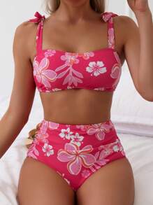 Swim Mod Summer Beach Floral Print Tie Shoulder Bikini Set - Hot Pink - View 6