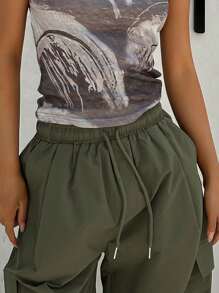 DAZY Pantalones De Carga Sólidos Con Cintura De Cordón - Verde militar - Ver 4