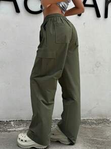 DAZY Pantalones De Carga Sólidos Con Cintura De Cordón - Verde militar - Ver 5