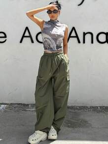 DAZY Pantalones De Carga Sólidos Con Cintura De Cordón - Verde militar - Ver 7