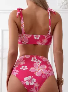Swim Mod Summer Beach Floral Print Tie Shoulder Bikini Set - Hot Pink - View 5
