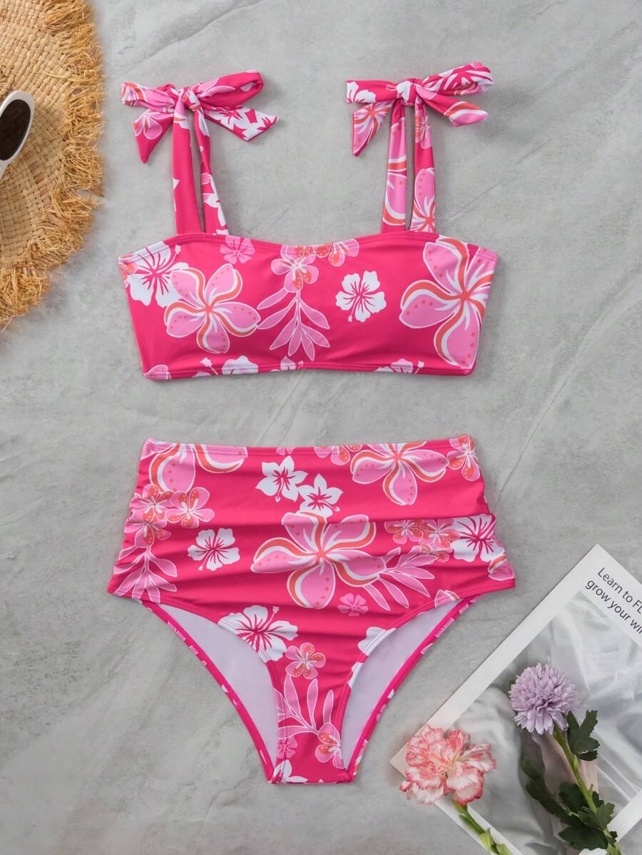 Swim Mod Summer Beach Floral Print Tie Shoulder Bikini Set - Hot Pink - View 1