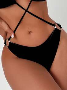 Criss Cross Halter One Piece Swimsuit - Black - View 4