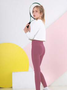 女大童寬腰帶斜口袋緊身打底褲 - 藕粉色 - 查看 2