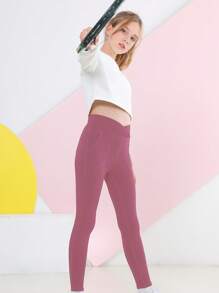 女大童寬腰帶斜口袋緊身打底褲 - 藕粉色 - 查看 5