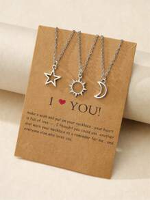 3pcs/set Silver Stainless Steel Necklace With Star, Sun And Moon Charm, Suitable For Women's Daily Wear, School Season And Holiday Gift