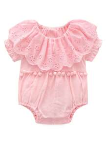 女婴可爱流苏泡泡袖翻领连体衣，适合日常穿着，夏季