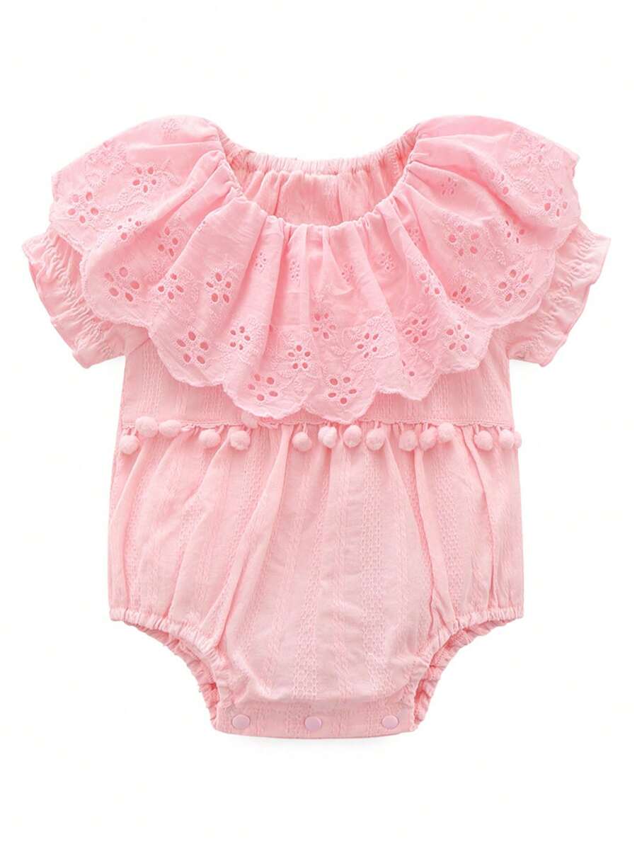 女婴可爱流苏泡泡袖翻领连体衣，适合日常穿着，夏季