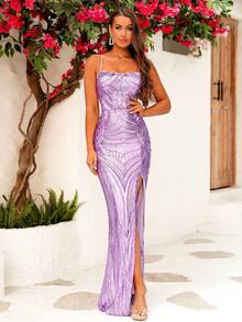 LOVE&LEMONADE Đầm Dây kéo Tách cao ghép mộng kim sa màu trơn Gợi cảm - Màu tím - Xem 4