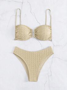 Plain Ruched Bikini Set For Summer Beach - Khaki - View 4