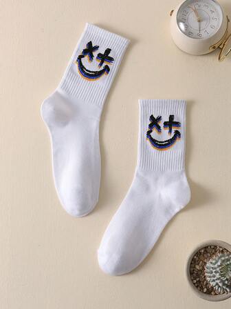 1雙男士表情圖案透氣休閒中筒襪適用於日常