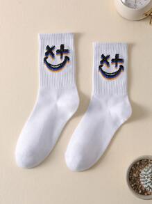 1pair Men Expression Pattern Breathable Casual Crew Socks For Daily Life - White - View 2