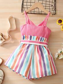 SHEIN Girls Striped Print Belted Cami Romper - Multicolor - View 2