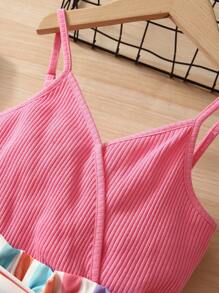 SHEIN Girls Striped Print Belted Cami Romper - Multicolor - View 3