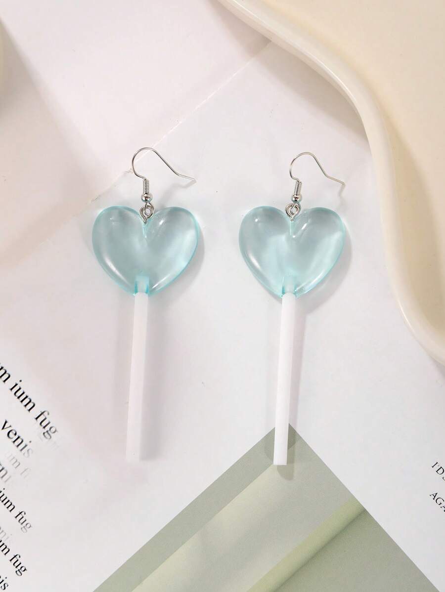 1 Đôi Bông Tai Trái Tim Polyresin Lollipop Thời Trang Dành Cho Phụ Nữ Để Trang Trí Hàng Ngày - Màu xanh nhạt - Xem 1