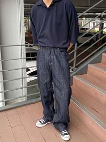 DAZY Men Solid Drop Shoulder Polo Shirt - Navy Blue - View 3