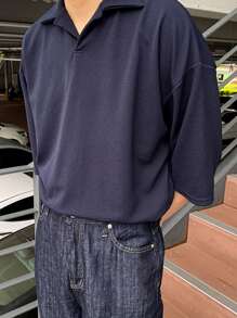 DAZY Men Solid Drop Shoulder Polo Shirt - Navy Blue - View 4