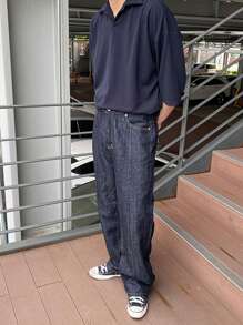 DAZY Men Solid Drop Shoulder Polo Shirt - Navy Blue - View 6