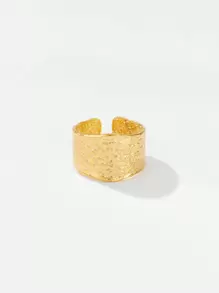 1入組女士時尚不銹鋼油壓制百褶和花卉圖案紋理開口戒指 - 金黃色 - 查看 2