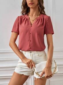 SHEIN Clasi Summer Vacation Outfits Solid Button Front Notched Neck Blouse - Watermelon Pink - View 2